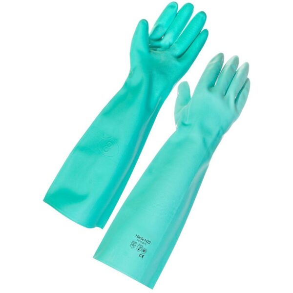50-036-09-1.jpg 46cm ELBOW LENGTH GREEN NITRILE GAUNTLET GLOVES SZ 9 (L)