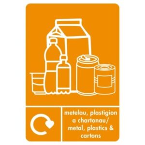 A4 Welsh/English PLASTIC, CANS & CARTONS, Recycling Sticker - ORANGE