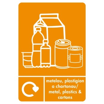 A4-WE-PLCACN A4 Welsh/English PLASTIC, CANS & CARTONS, Recycling Sticker - ORANGE