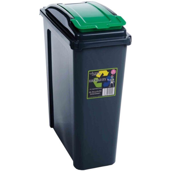 25L Grey Recycling Bin - With GREEN Lift Top Lid